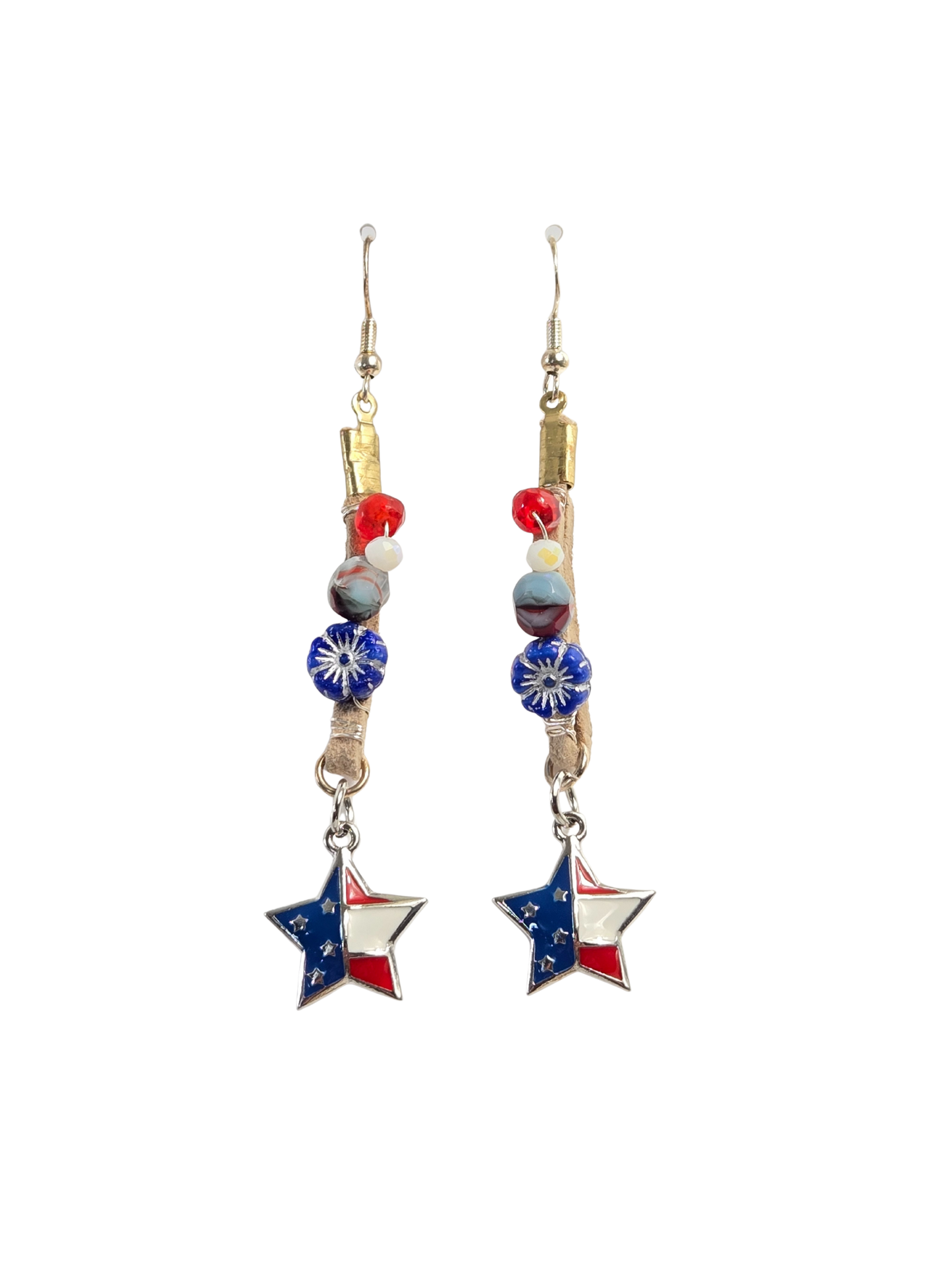 Patriotic Beaded Leather Strip & Star Flag Drop Earrings