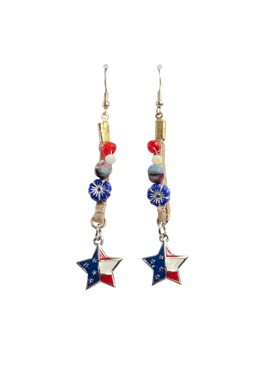 Patriotic Beaded Leather Strip & Star Flag Drop Earrings