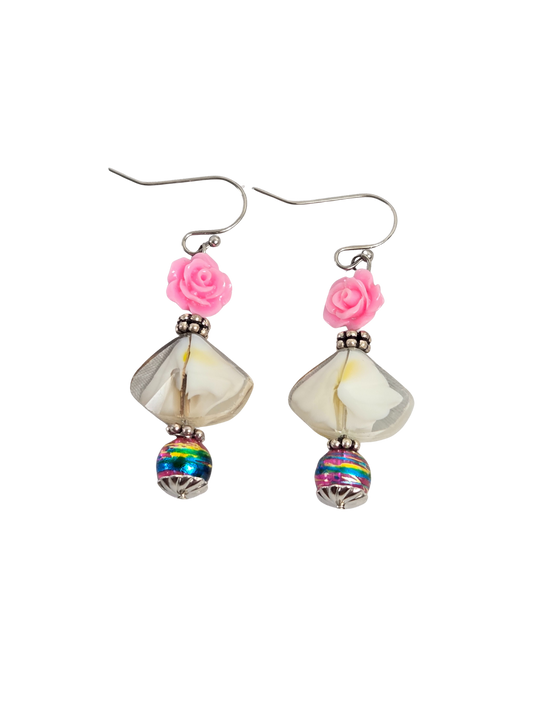 Pink Rose Angel Figure Drop Earrings