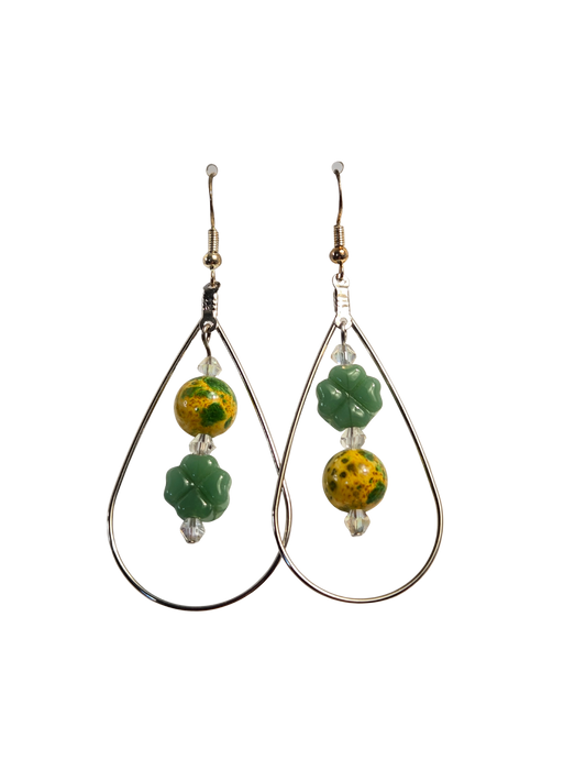 Silver Teardrop Four Leaf Clover & Crystal Drop Earrings