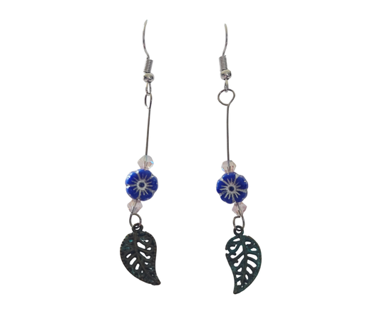 Blue Glass Flower & Leaf Long Earrings