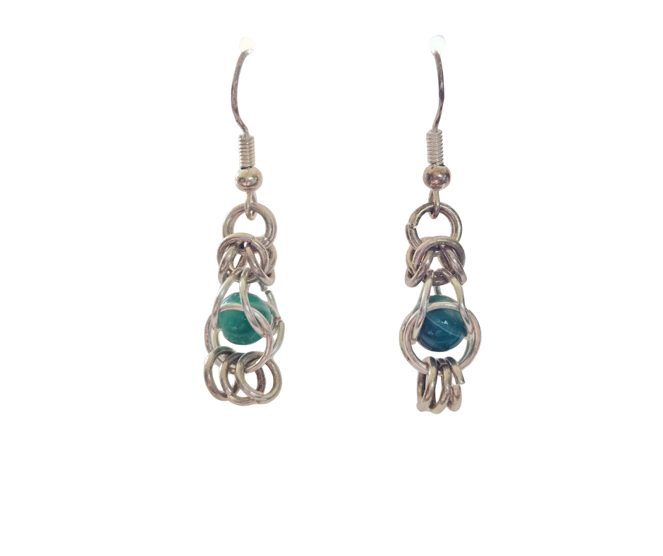 Jump Ring Chainmaille Earrings with Green Bead Center