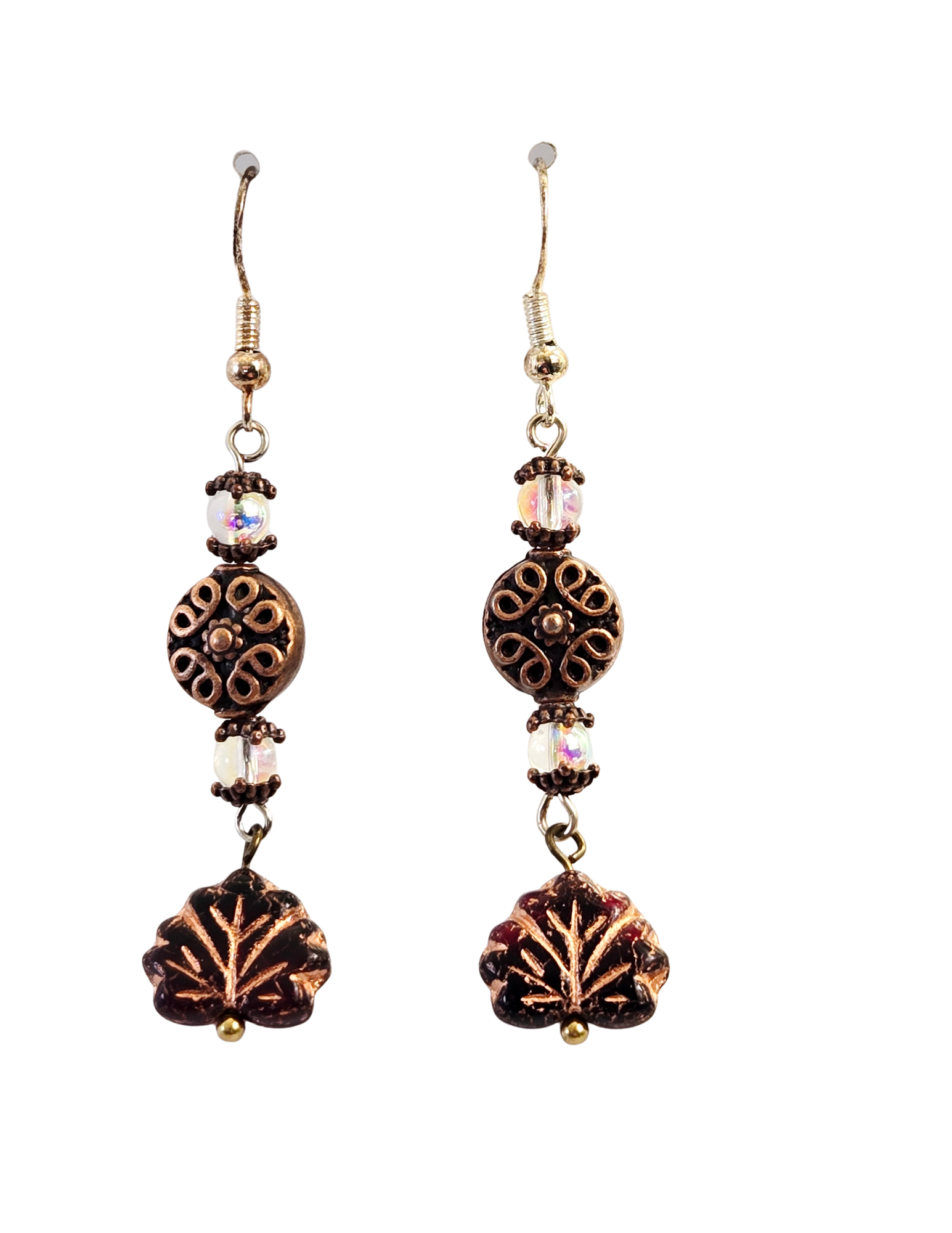 Pendientes colgantes de cuentas de cristal y hoja de cobre cepillado