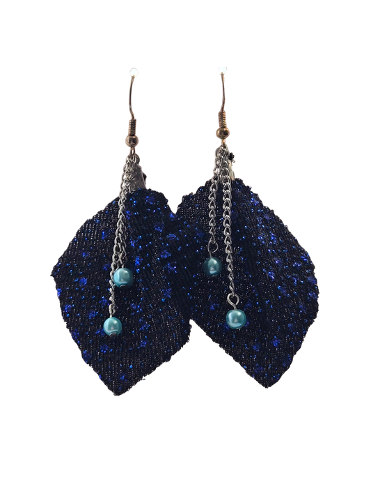 Deep Blue Sparkle & Pearl Chain Dangle Earrings