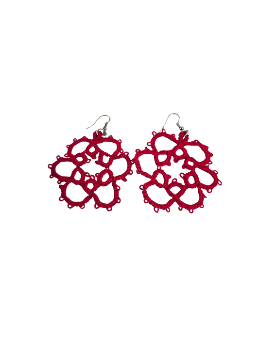 Red Tatted Lace Flower Dangle Earrings
