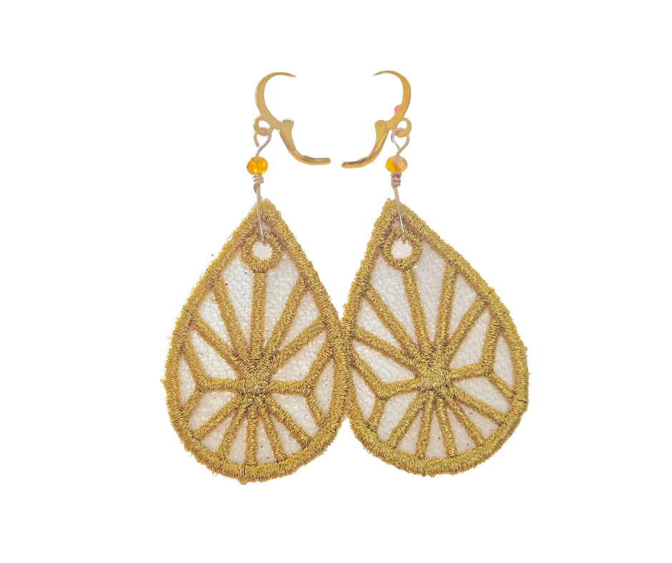 Gold Thread Machine Embroidered Earrings