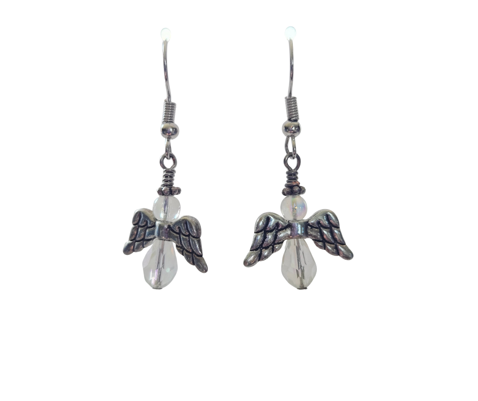Crystal Glass Angel Earrings with Silver Wings