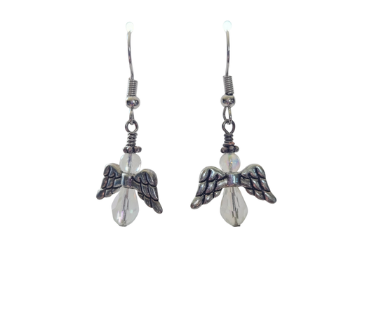 Crystal Glass Angel Earrings with Silver Wings