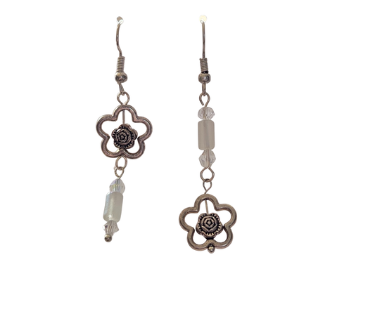 Silver Rose & Steel Flower Frame Earrings