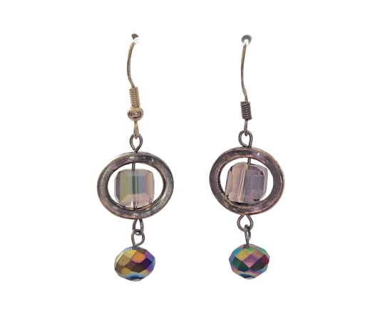 Silver Oval & Square AB Flash Dangle Earrings