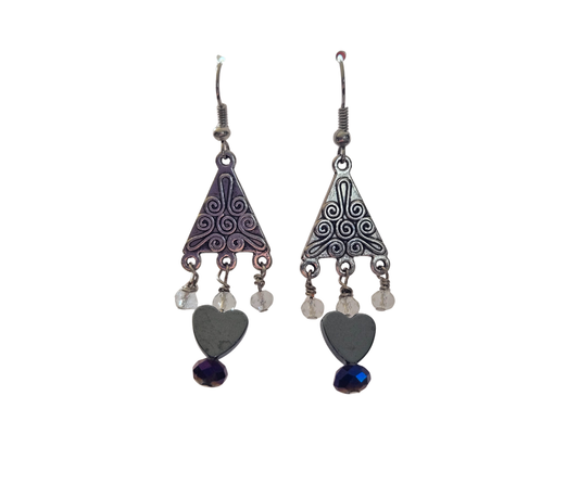 Triangle & Hematite Heart Crystal Dangle Earrings