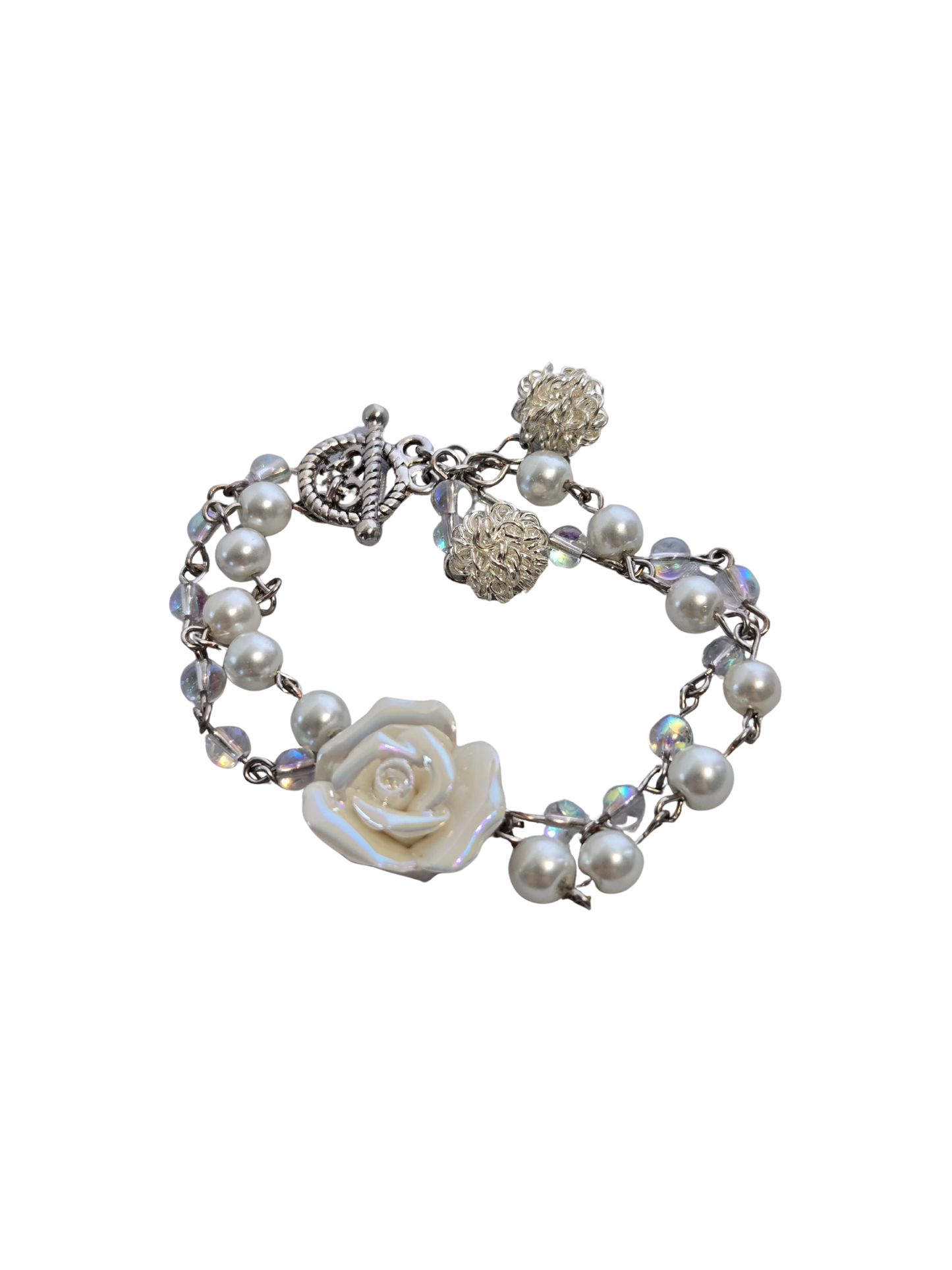 White Rose & Pearl Double-Strand Bracelet | Handmade Bridal Elegant Jewelry