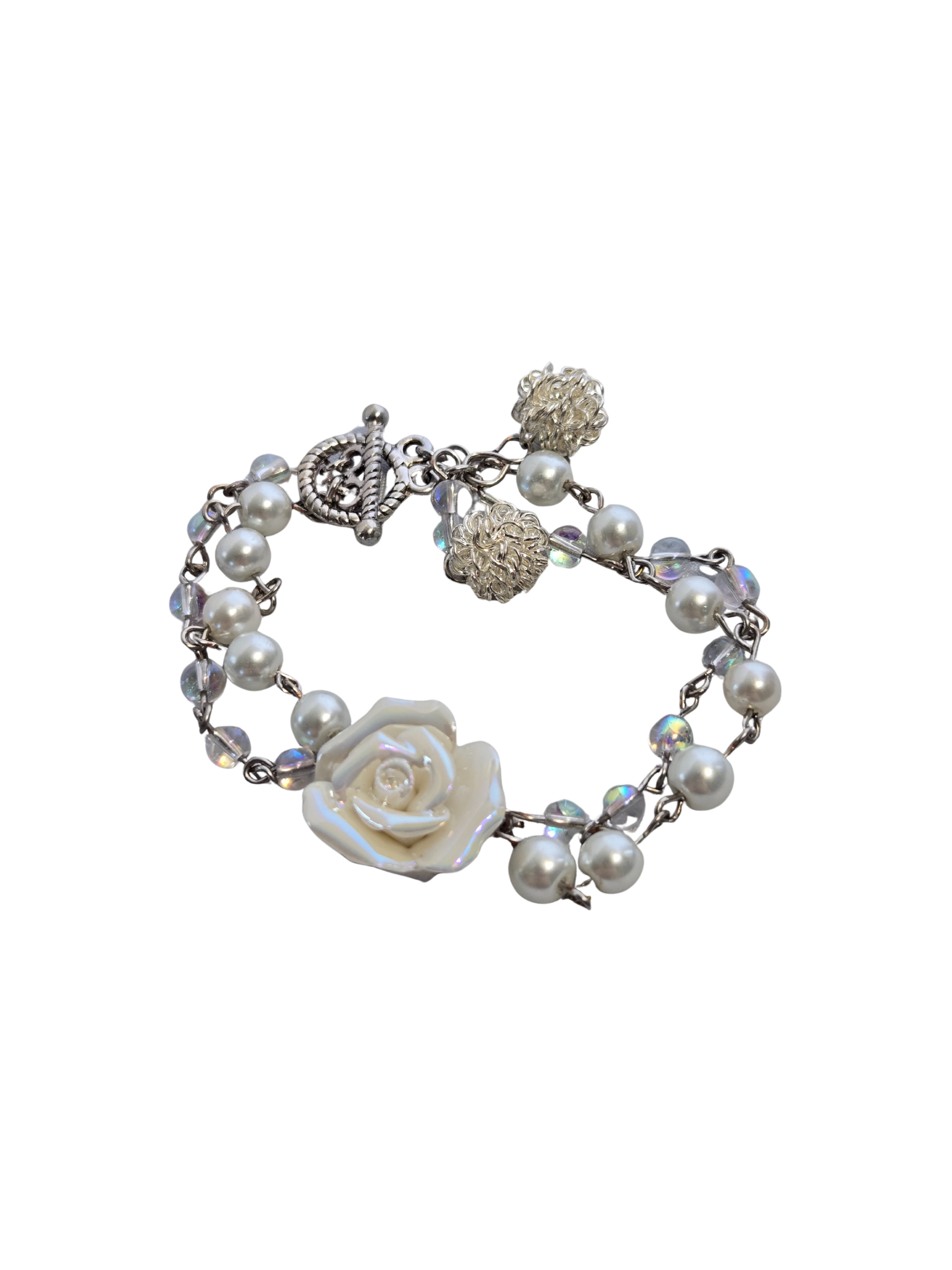 White Rose & Pearl Double-Strand Bracelet | Handmade Bridal Elegant Jewelry