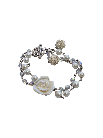 White Rose & Pearl Double-Strand Bracelet | Handmade Bridal Elegant Jewelry
