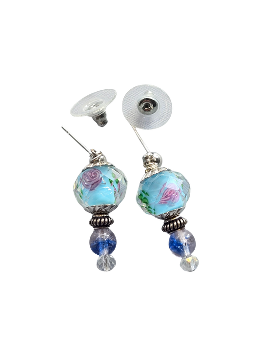 Lampwork Blue Rose Bead Stud Earrings