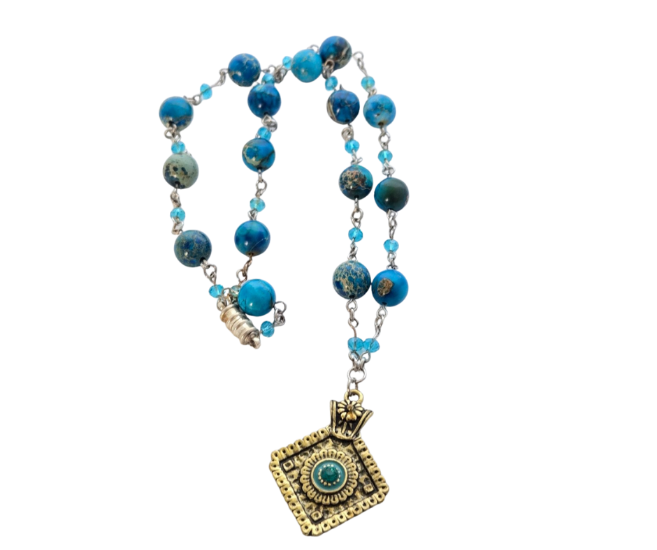 Marbled Blue Bead & Gold Focal Necklace – 21" Handmade Chain