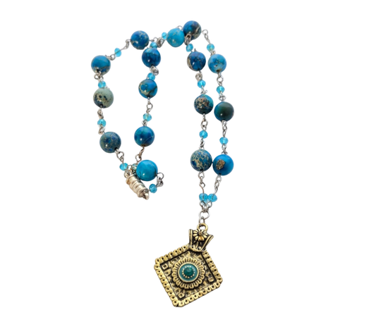 Marbled Blue Bead & Gold Focal Necklace – 21" Handmade Chain
