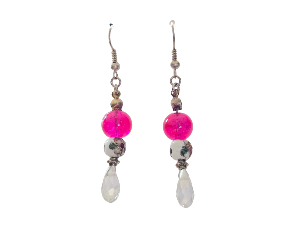 Pink Crackle, Floral & Crystal Glass Teardrop Earrings