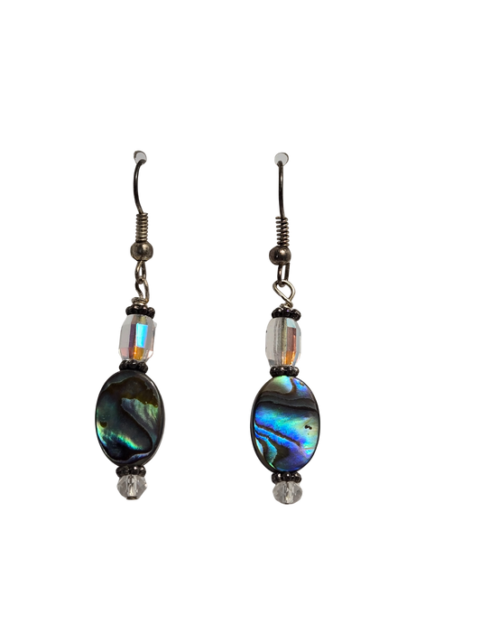 Abalone Oval & Crystal Glass Bead Dangle Earrings