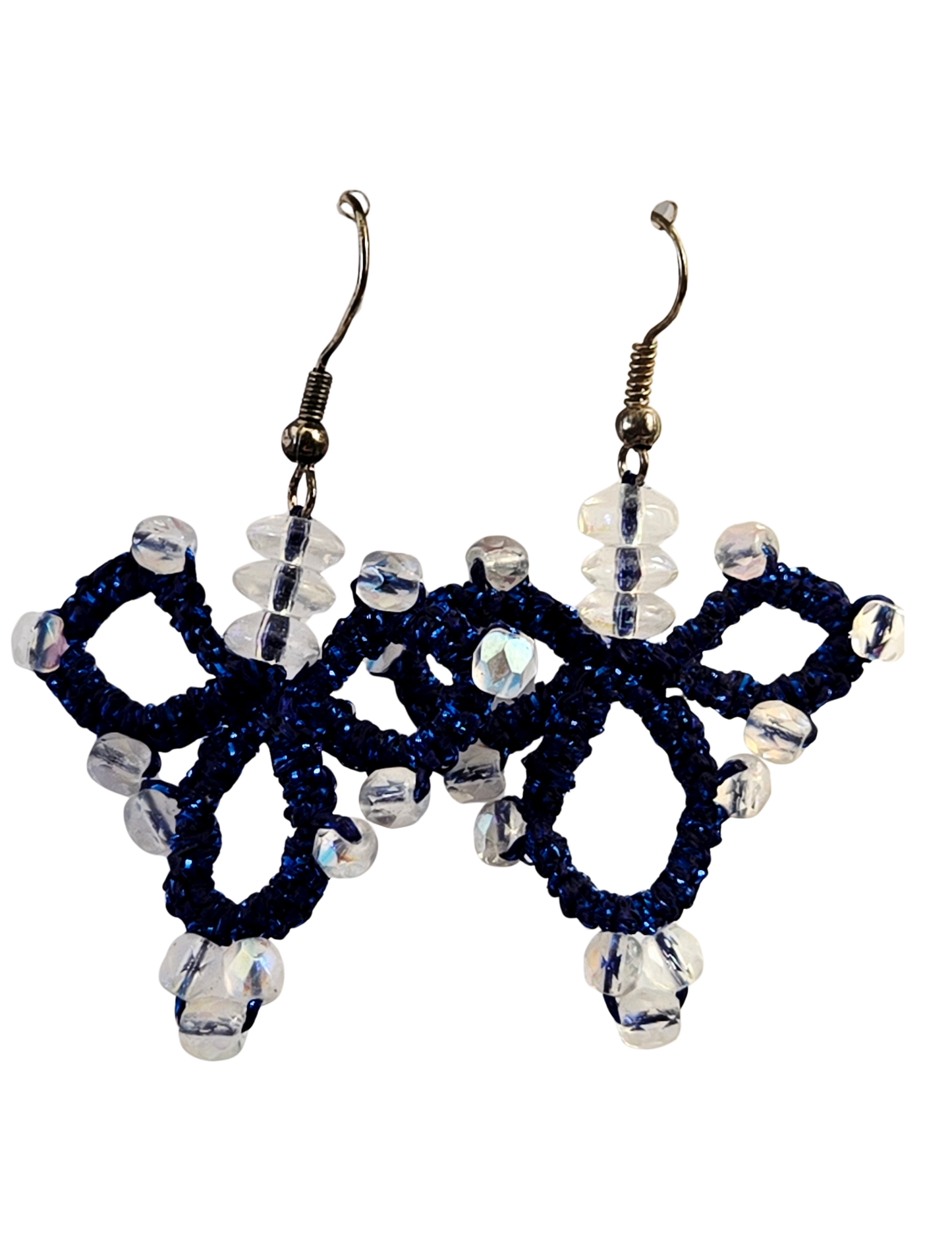 Hand-Tatted Lace Earrings with Sparkly Blue Thread & Glass Beads
