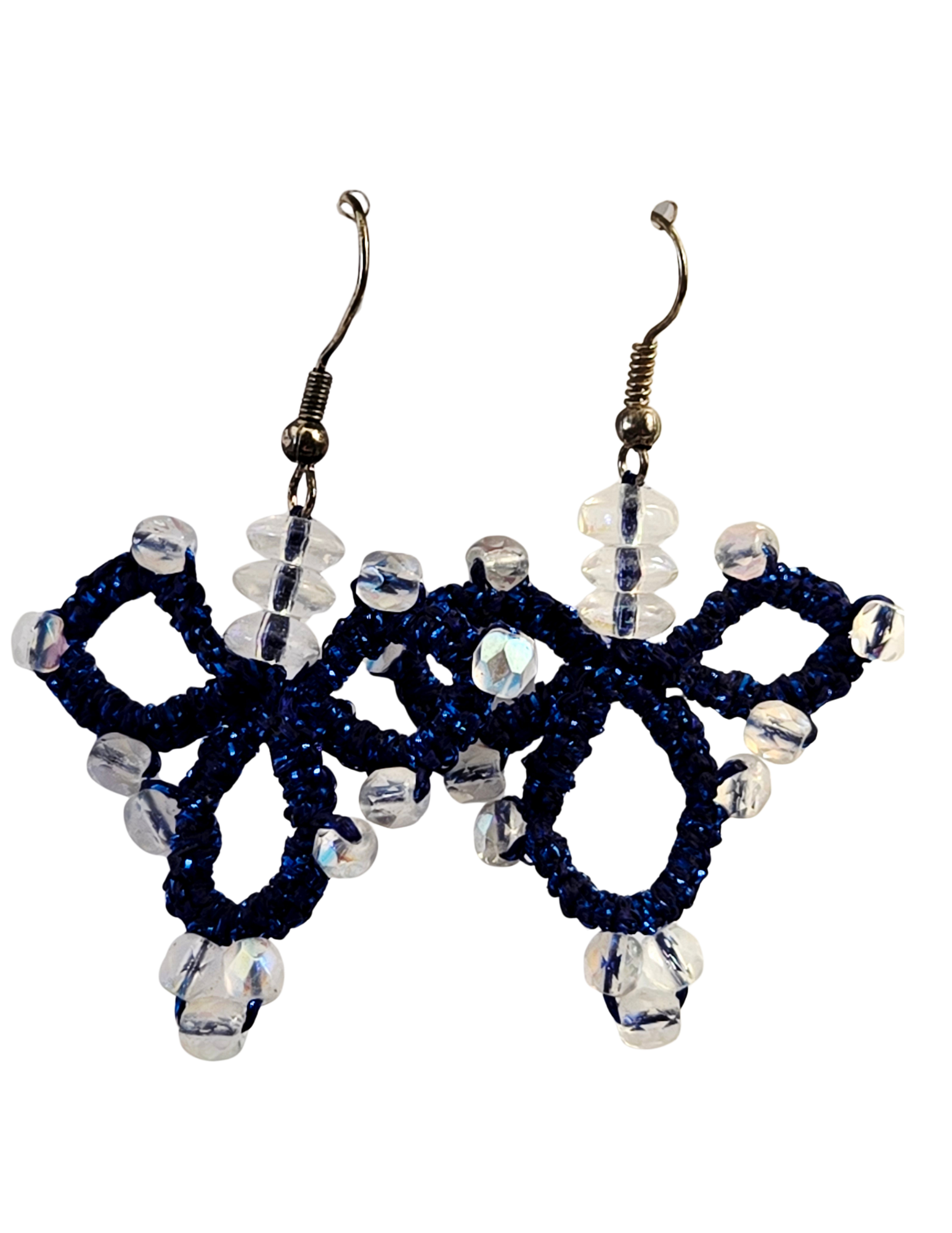 Pendientes de Encaje Tatting con Hilo Azul Brillante y Cuentas de Cristal