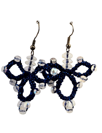 Hand-Tatted Lace Earrings with Sparkly Blue Thread & Glass Beads