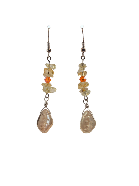 Citron Chip & Leaf Bead Dangle Earrings