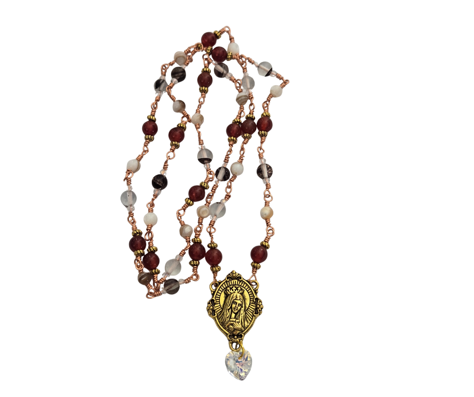 Virgin Mary Rosary-Style Necklace – 26" Carnelian, Shell & Crystal Heart Handmade