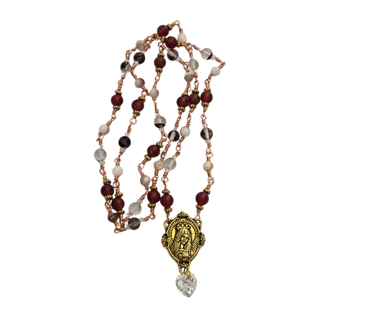 Virgin Mary Rosary-Style Necklace – 26" Carnelian, Shell & Crystal Heart Handmade