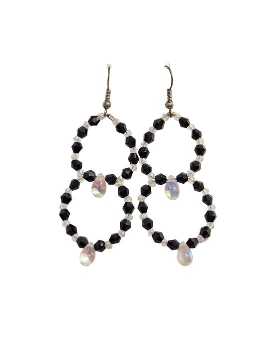 Double Black & Crystal Glass Hoop Earrings