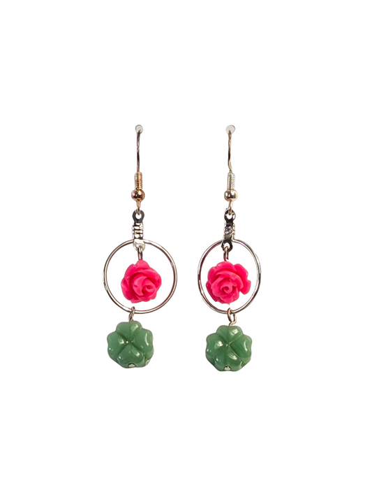 Pink Rose & Clover Hoop Dangle Earrings