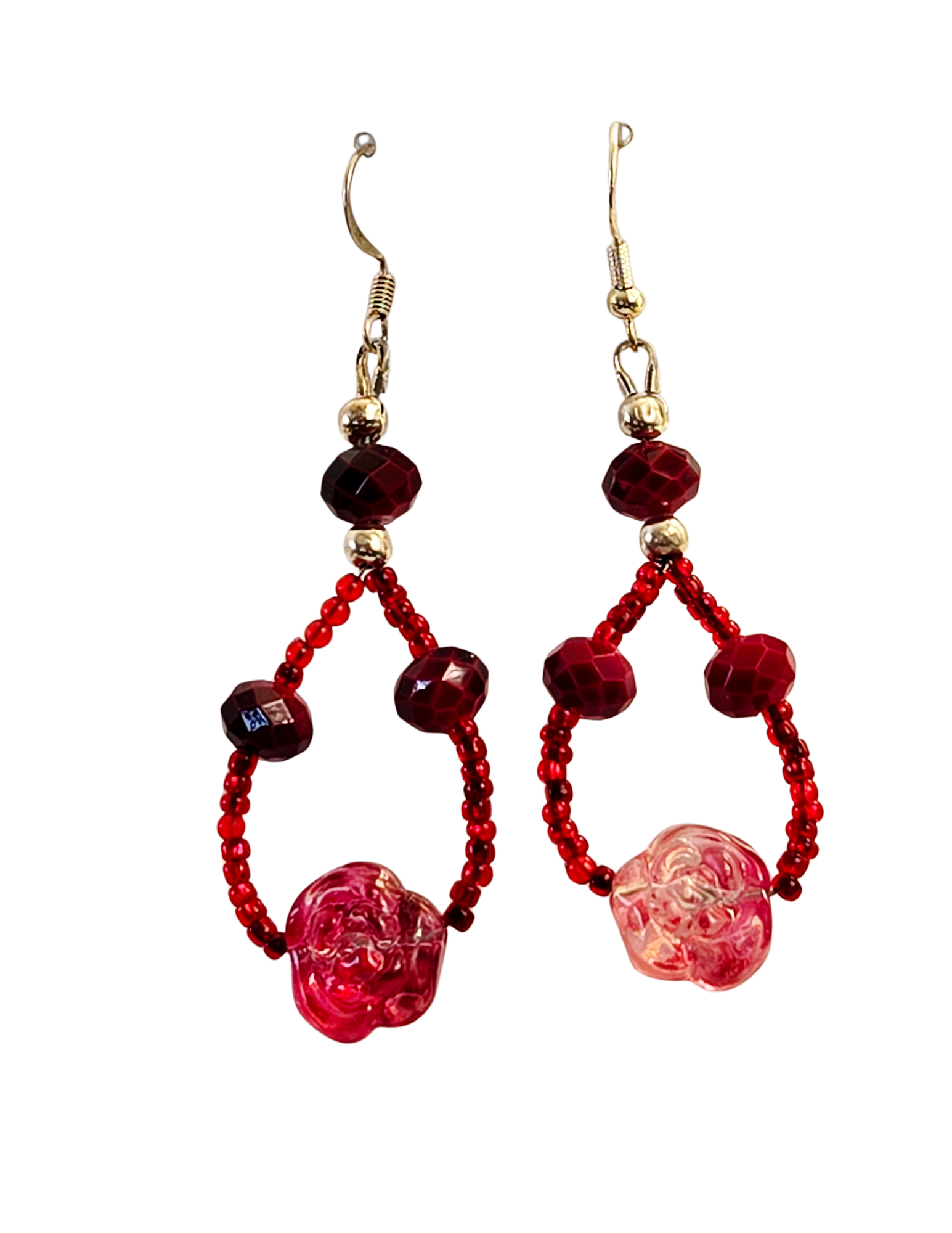 Red Seed Bead & Glass Rose Teardrop Earrings