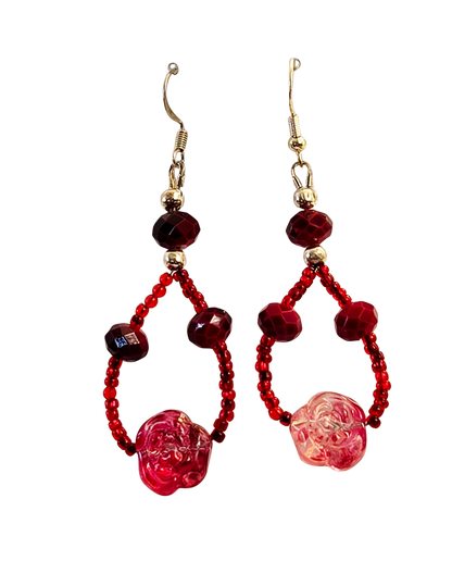 Red Seed Bead & Glass Rose Teardrop Earrings