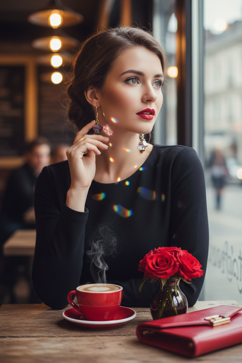 AB Iridescent Purple Bicone Earrings Café Lifestyle