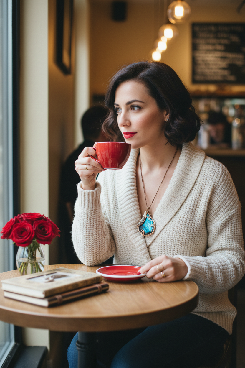 Blue Ribbon Labradorite Wire Wrapped Necklace Café Lifestyle