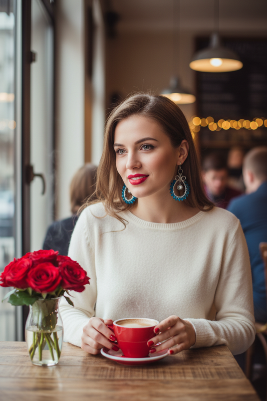 Blue Teardrop Earrings Café Lifestyle