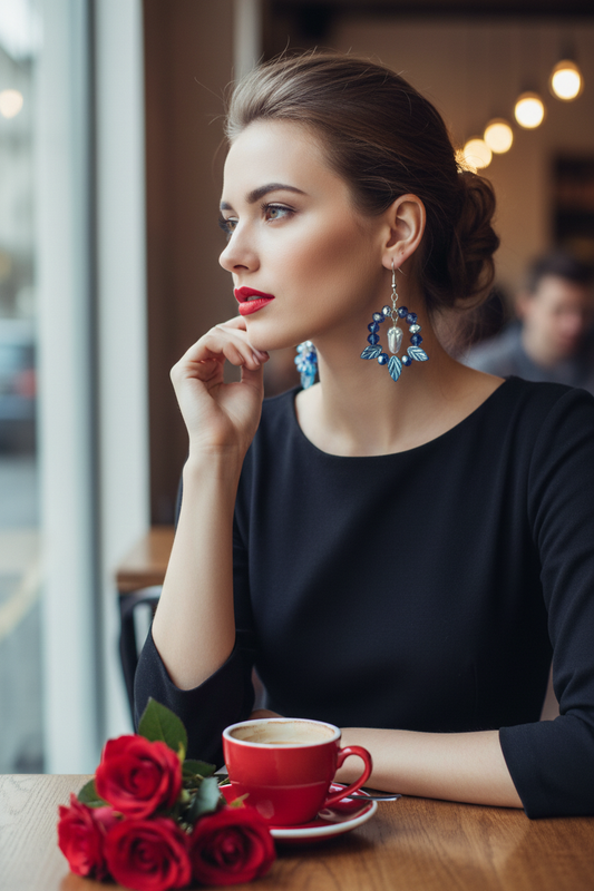 Blue Tulip Earrings Café Lifestyle