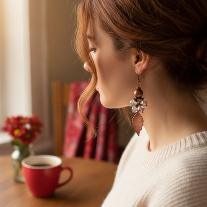 Brushed Copper Leaf Earrings Lifestyle