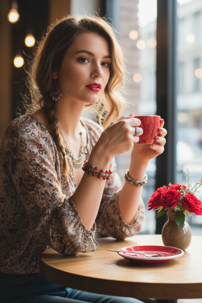 Carnelian Crystal Wire Knotted Leather Bracelet Café Lifestyle