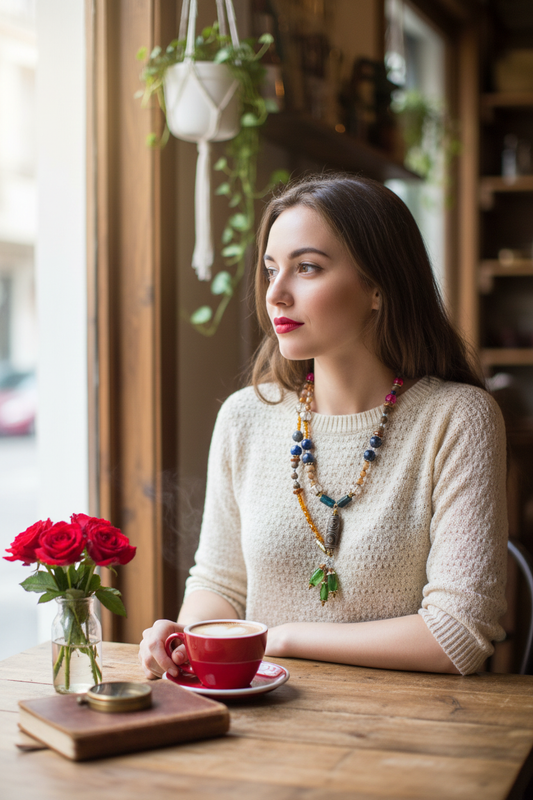 Colorful Gemstone Beaded Necklace Café Lifestyle