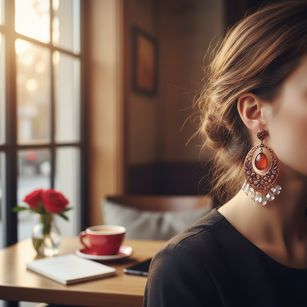 Copper Floral Leaf Crystal Earrings Lifestyle