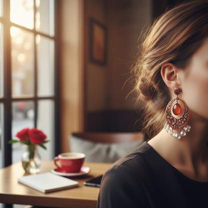 Copper Floral Leaf Crystal Earrings Lifestyle