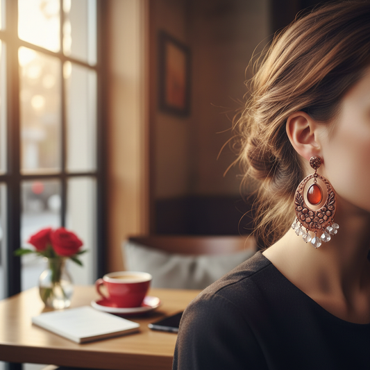 Copper Floral Leaf Crystal Earrings Lifestyle