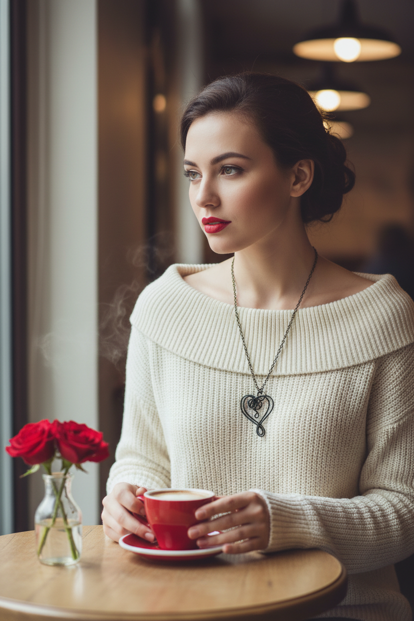 Dainty Black Wire Heart Necklace Café Lifestyle