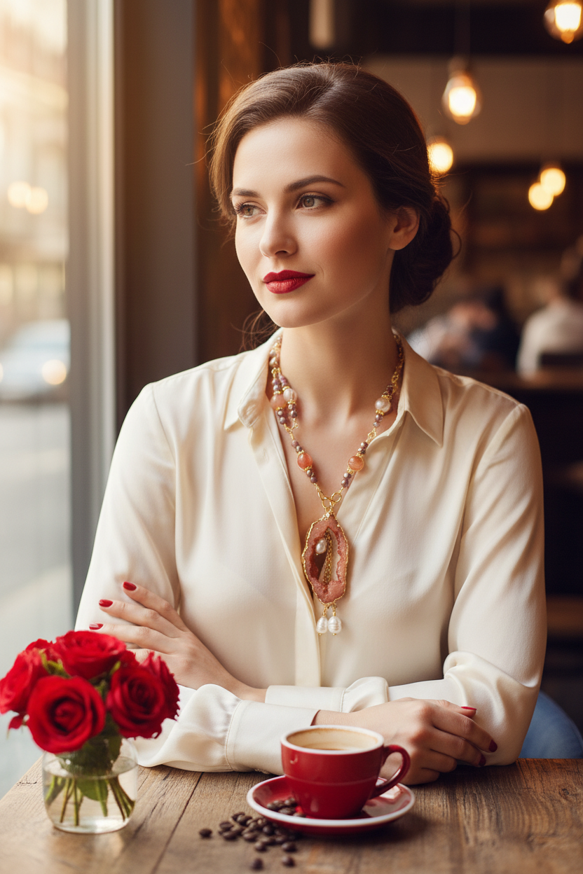 Druzy Agate Freshwater Pearl Copper Necklace Café Lifestyle