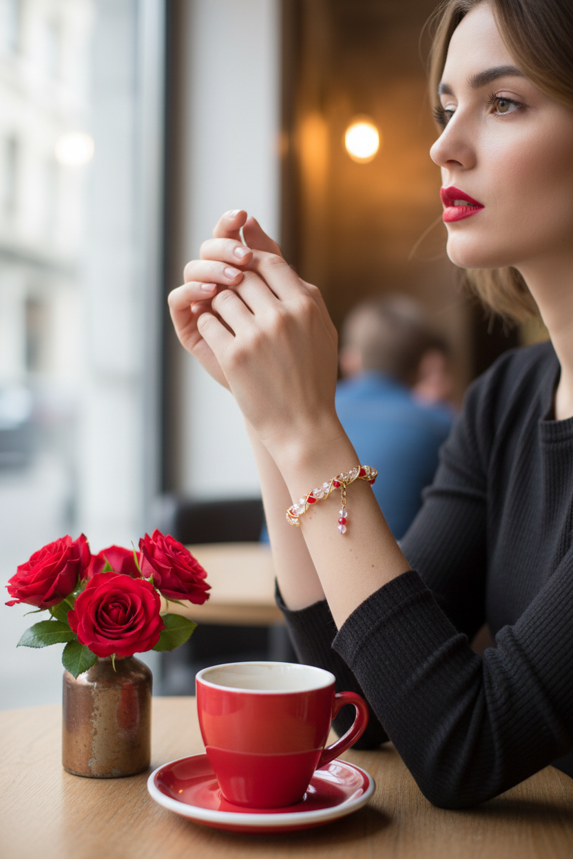 Gold Wire Crystal Red Bead Bracelet Café Lifestyle