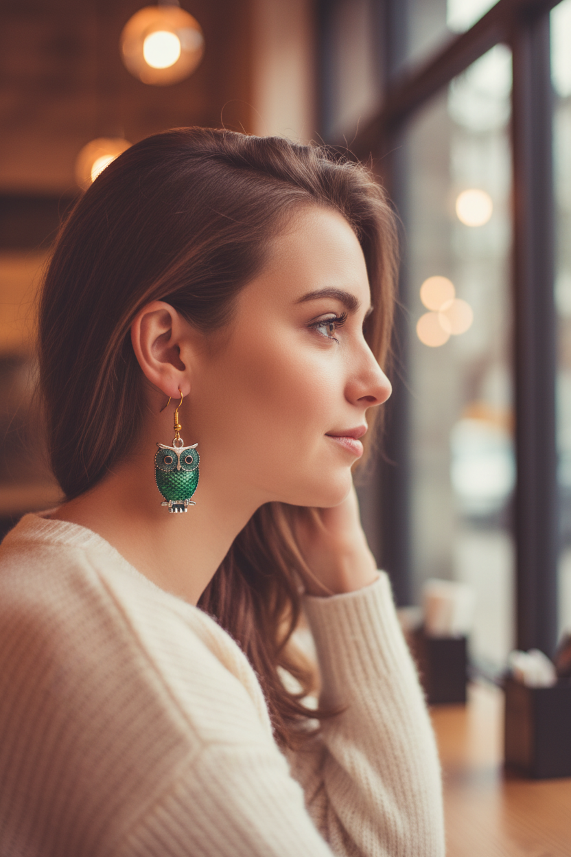 Green Enameled Owl Earrings Lifestyle