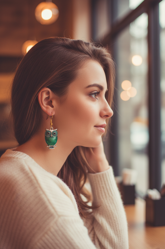 Green Enameled Owl Earrings Lifestyle