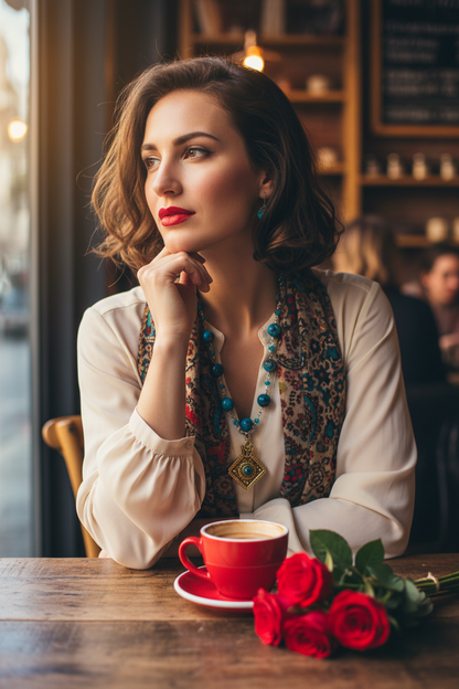 Marbled Blue Bead Gold Focal Necklace Café Lifestyle