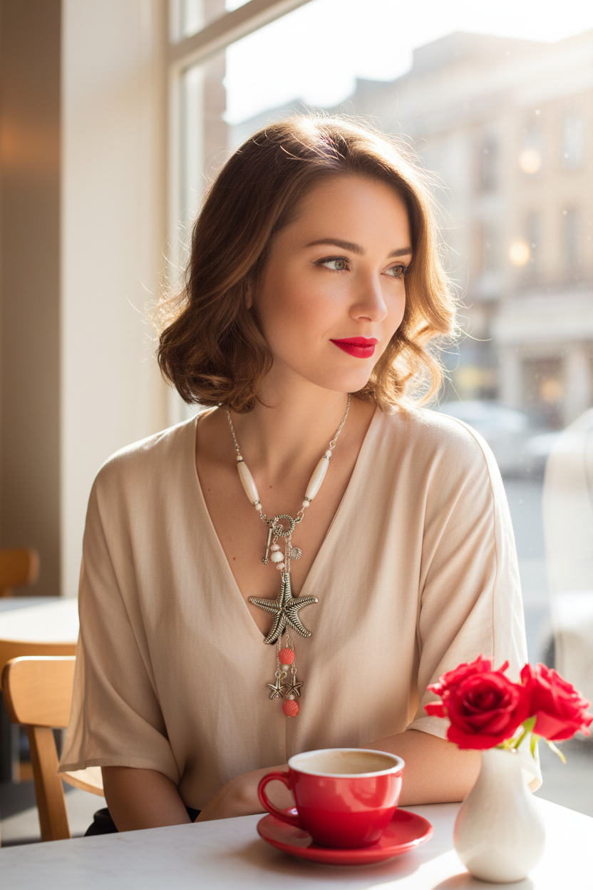 Ocean Inspired Starfish Pink Shell Necklace Café Lifestyle